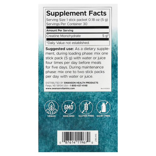 Swanson Vitamins, моногидрат креатина, без добавок, 30 стик-пакетов по 5 г (0,18 унции)