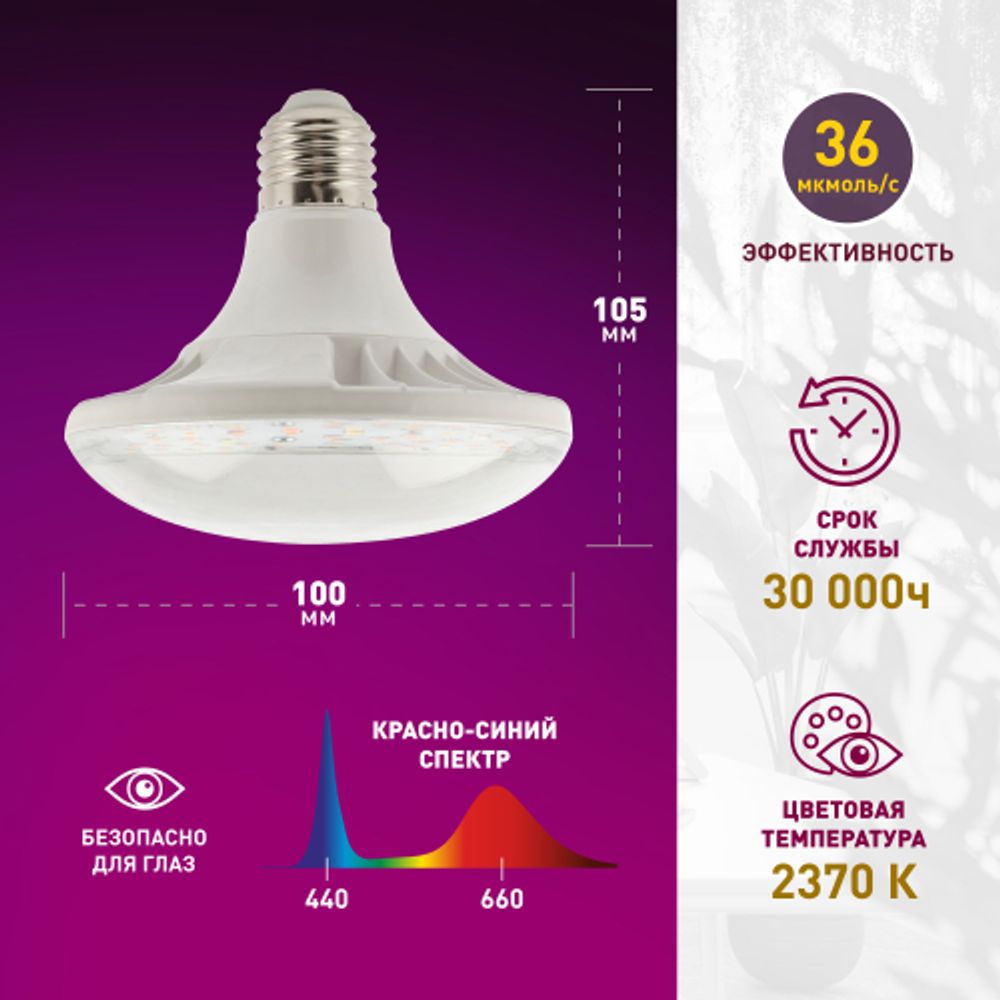 Фитолампа для растений светодиодная ЭРА FITO-18W-RB-E27 красно-синего спектра 18 ВТ Е27 | Фитолампы Е27