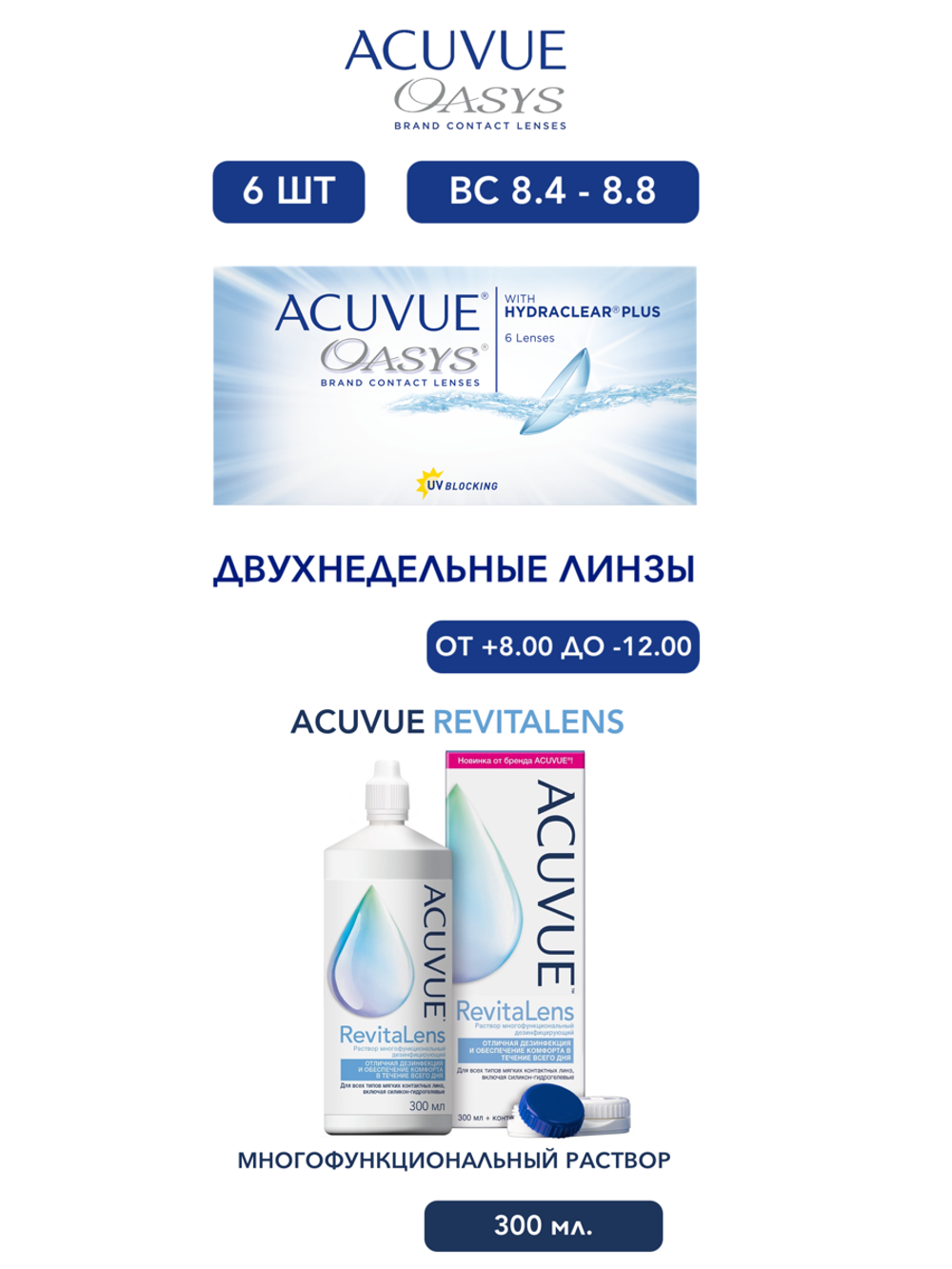Двухнедельные контактные линзы Acuvue Oasys (уп. 6 линз) + Раствор ACUVUE RevitaLens (300 мл.)