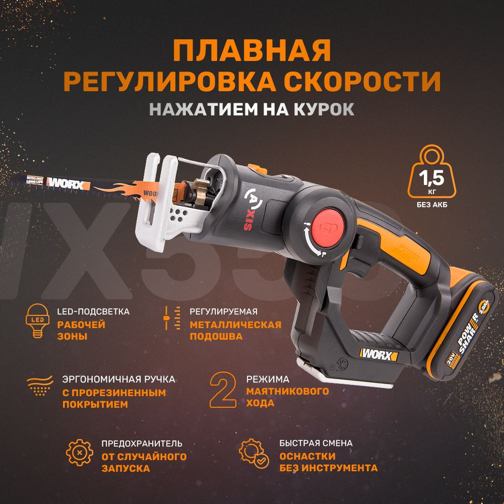 Лобзик-сабельная пила аккумуляторный WORX WX550 Axis
