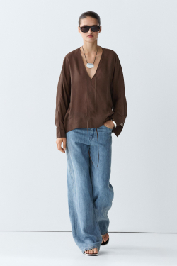 Massimo Dutti Струящаяся блуза с V-образным вырезом и завязками, коричневый