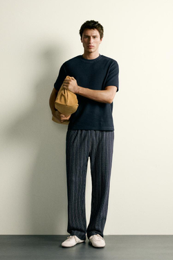 ZARA КОНТРАСТНЫЕ БРЮКИ SEERSUCKER RELAXED FIT, ТЕМНО-СИНИЙ/БЕЛЫЙ