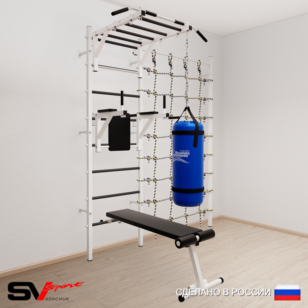 Шведская стенка Sv Sport 52410 (Турник рукоход/Брусья/Скамья/Цепь/Мешок 15кг/Канатный лаз)