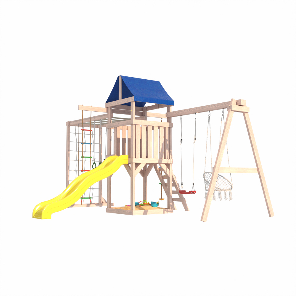 Детская площадка Fun Land неокрашенная с сеткой, рукоходом, качелями и плетенным креслом