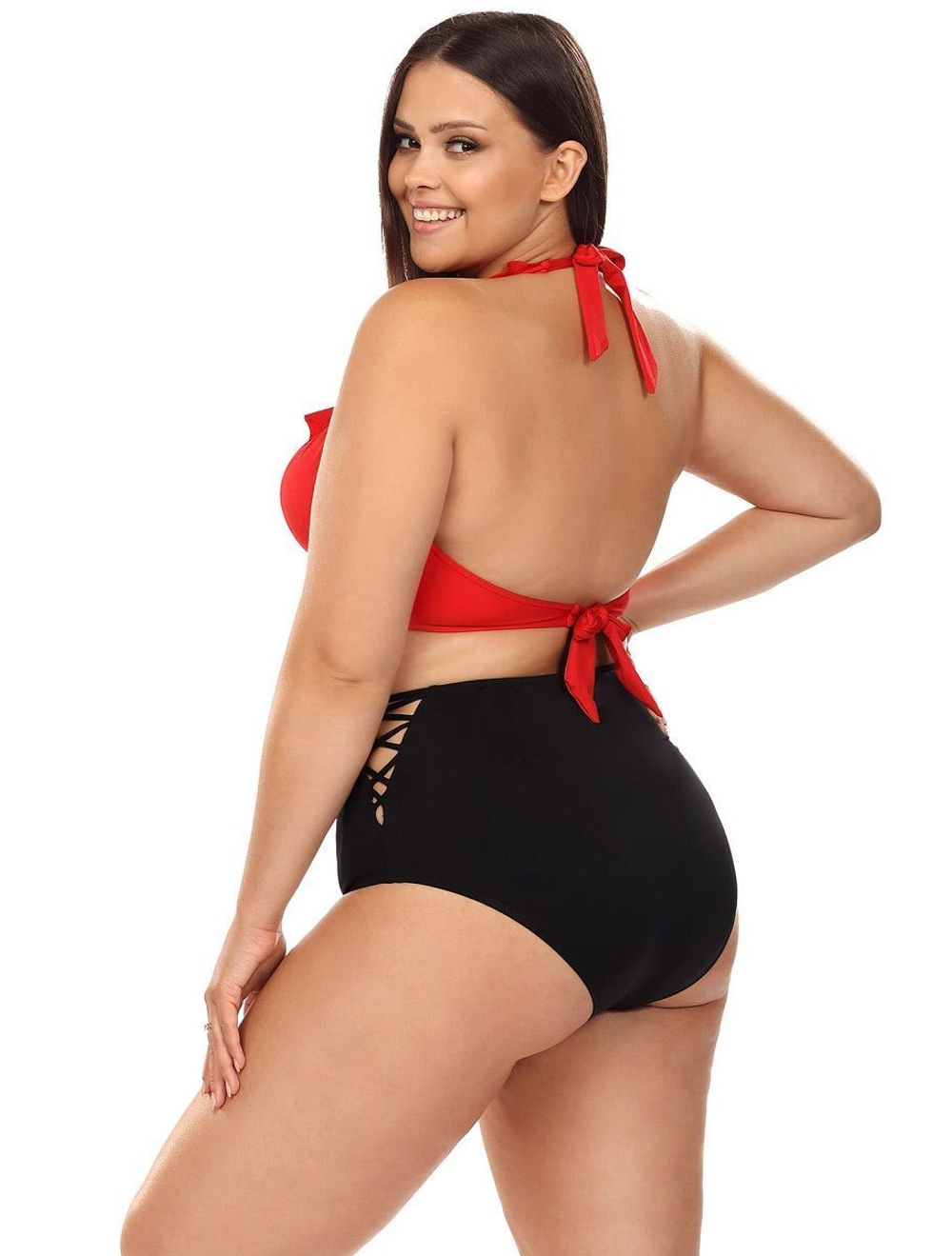 Двухцветный раздельный купальник plus size (Размер: 75D/38) (Цвет: красный с черным)