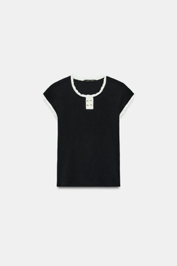 ZARA ТОП С ОКАНТОВКОЙ И ПУГОВИЦАМИ, ЧЕРНЫЙ