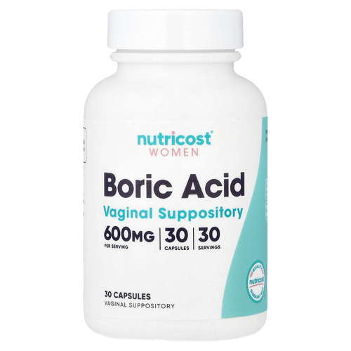 Nutricost, Для женщин, борная кислота, вагинальные свечи, 600 мг, 30 капсул