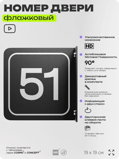 Табличка флажковая с номером 51 на дверь квартиры, для офиса, кабинета, аудитории, склада, черная двустороняя 19х19 см, Айдентика Технолоджи