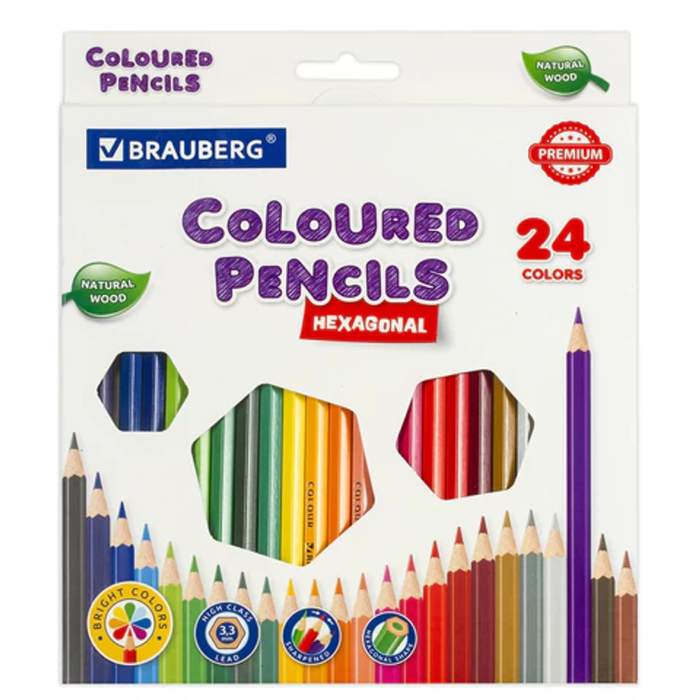 Карандаши цветные BRAUBERG PREMIUM, 24 цвета, шестигранные, натуральное дерево