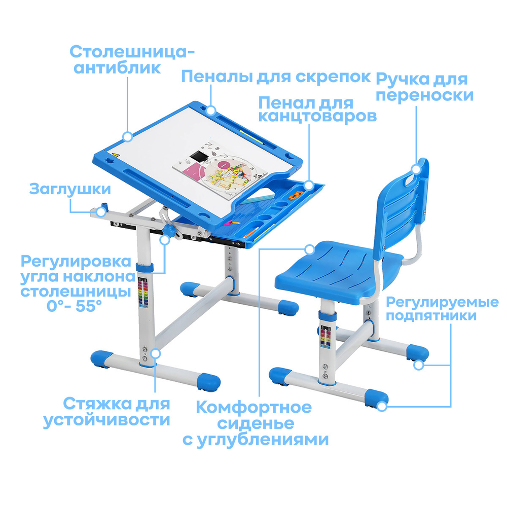 Комплект растущей детской мебели Anatomica Arlekino парта + стул + выдвижной ящик голубой