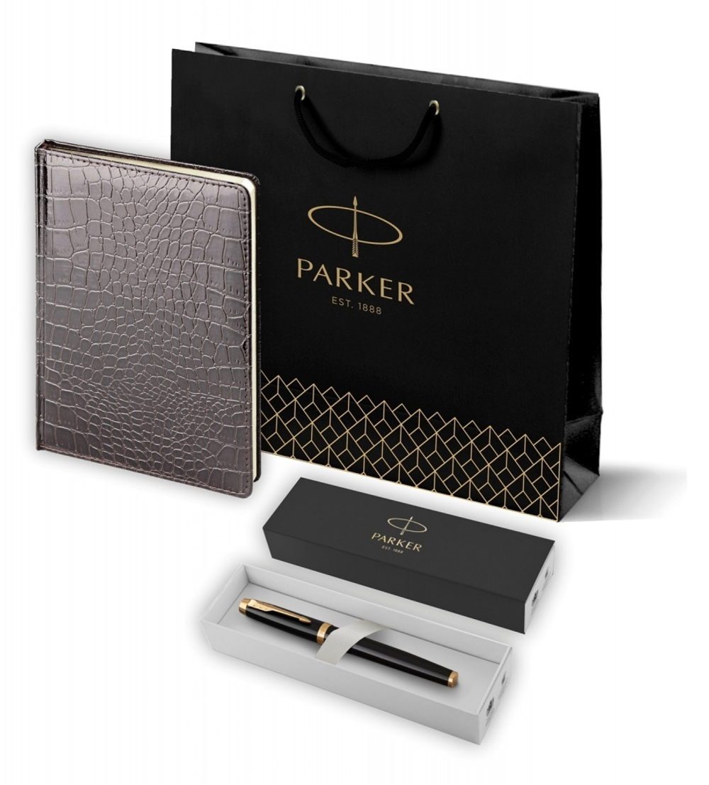 Подарочный набор: Перьевая ручка Parker IM Metal Black GT (глянцевый черный лак) и Ежедневник недатированный А5 черный