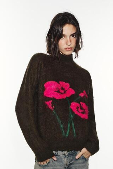 ZARA СВИТЕР С ЦВЕТОЧНЫМ УЗОРОМ, КОРИЧНЕВЫЙ