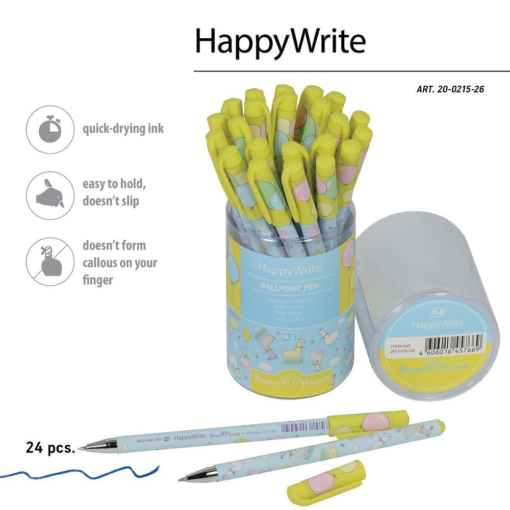 Ручка шариковая 0.5 мм, синяя "HappyWrite. Ламы" (Bruno Visconti)