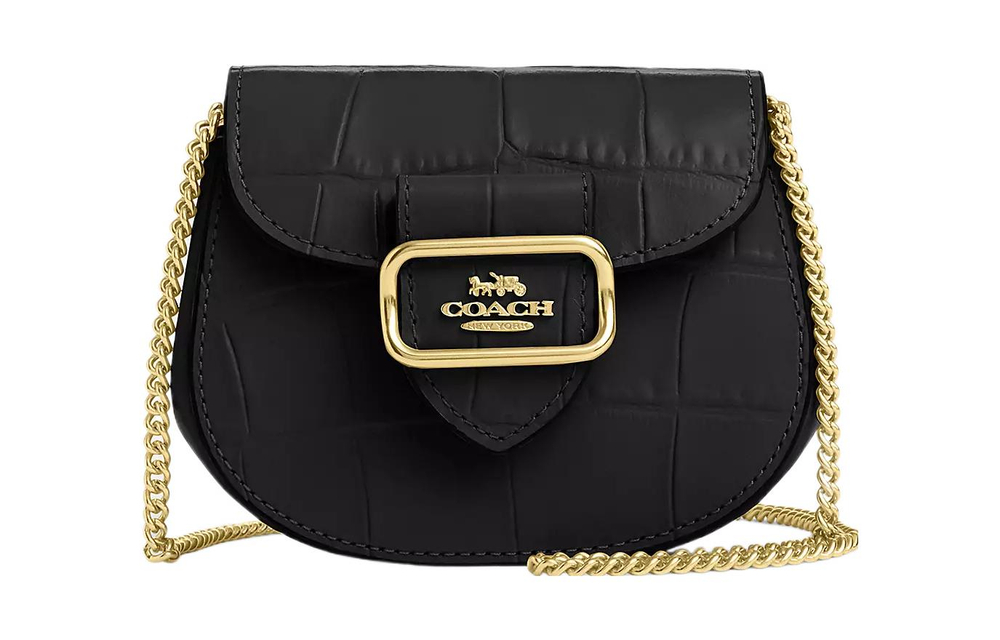 COACH Morgan Crocodile Embossed Leather Saddle Bag One Shoulder Crossbody Card Holder Women"s Gold & Black