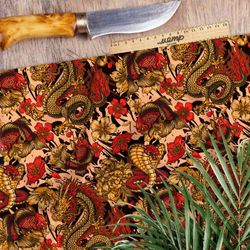Ткань дюспо красные кобры и золотые цветы