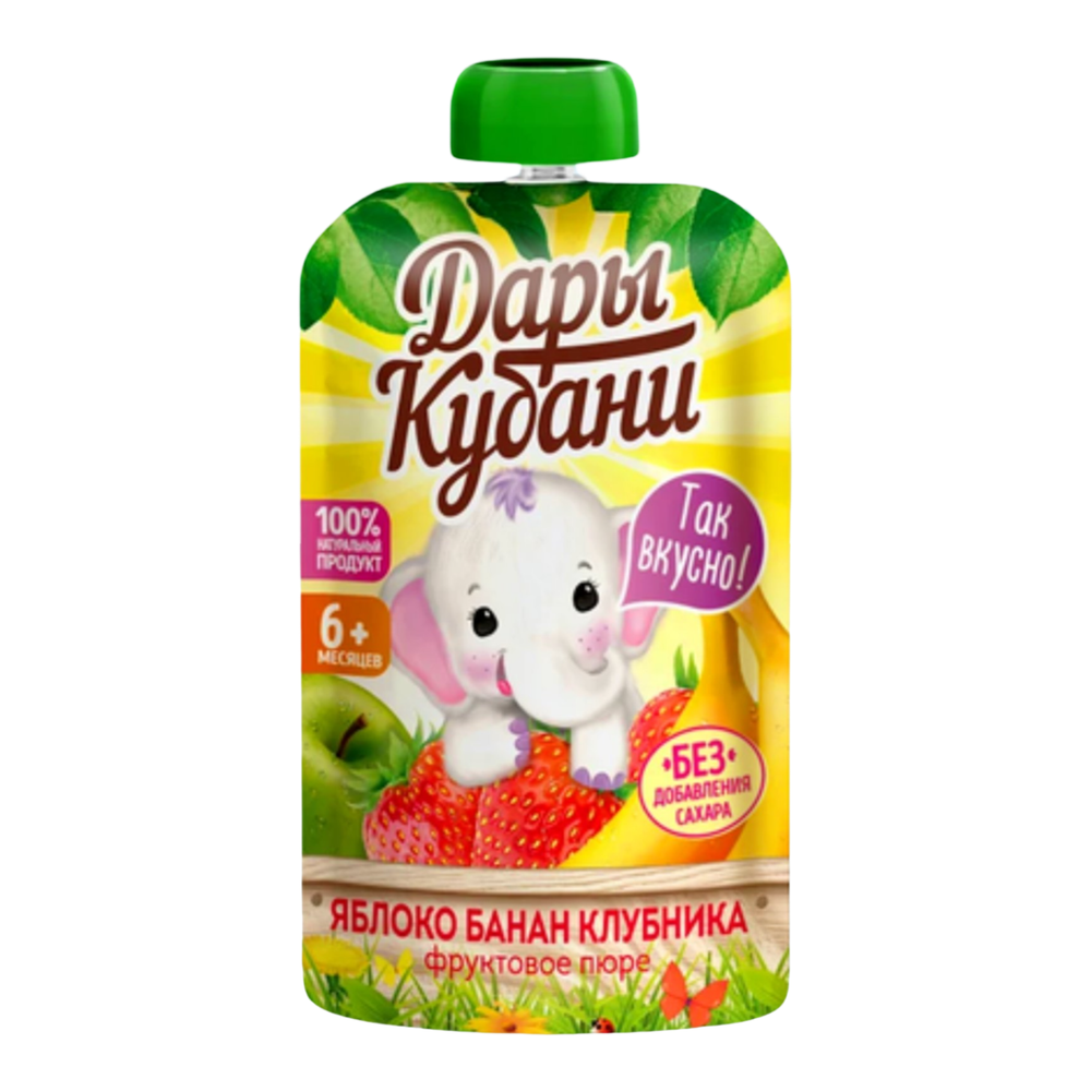 Пюре Дары Кубани фруктовое д/пак 90г из яблок бананов и клубники