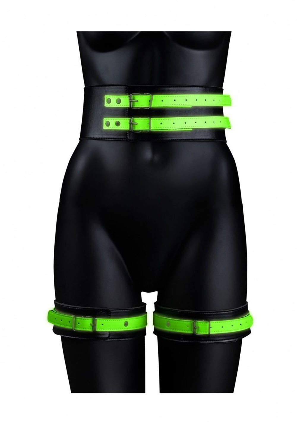 Набор для бондажа Thigh Cuffs with Belt and Handcuffs - размер S-M (Размер: S-M) (Цвет: черный с зеленым)