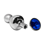 Металлическая анальная втулка 9,4см с синим кристаллом Cnex Wooomy Lollypop Double Ball Metal Plug Blue M