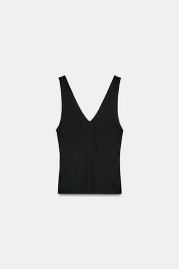 ZARA ТОП В РУБЧИК С V-ОБРАЗНЫМ ВЫРЕЗОМ, ЧЕРНЫЙ