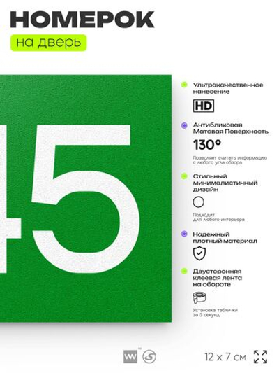 Номер на дверь 245, табличка на дверь для офиса, квартиры, кабинета, аудитории, склада, зеленая 120х70 мм, Айдентика Технолоджи