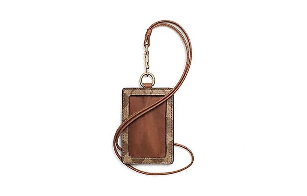COACH Lanyard Coated Canvas With Leather Necklace Pouch Card Holder Clutch Women"s Khaki Brown