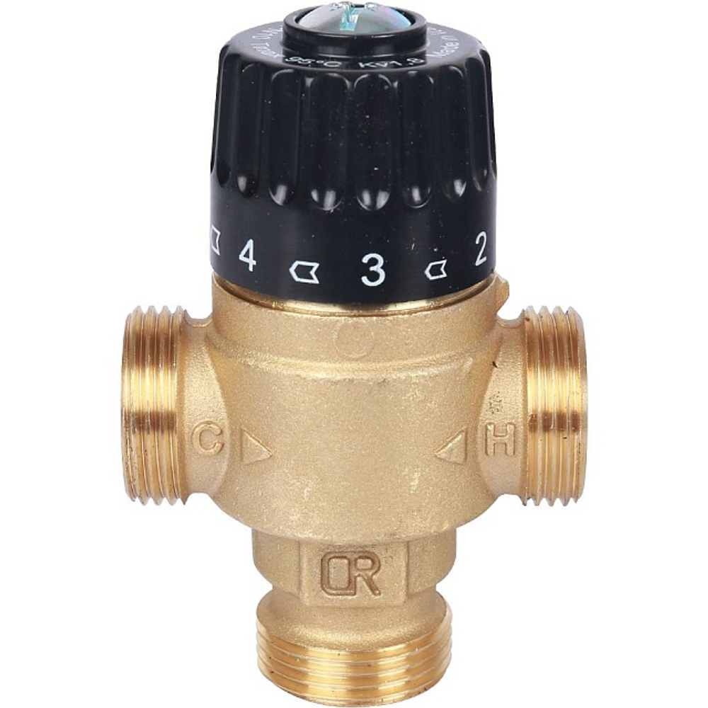 Клапан термостатический смесительный STOUT - 3/4" (НР, 30-65°C, Kvs 1.8, T-образное смешивание)