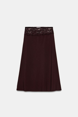 ZARA КОМБИНИРОВАННАЯ ЮБКА С КРУЖЕВОМ, ТЕМНО-КОРИЧНЕВЫЙ