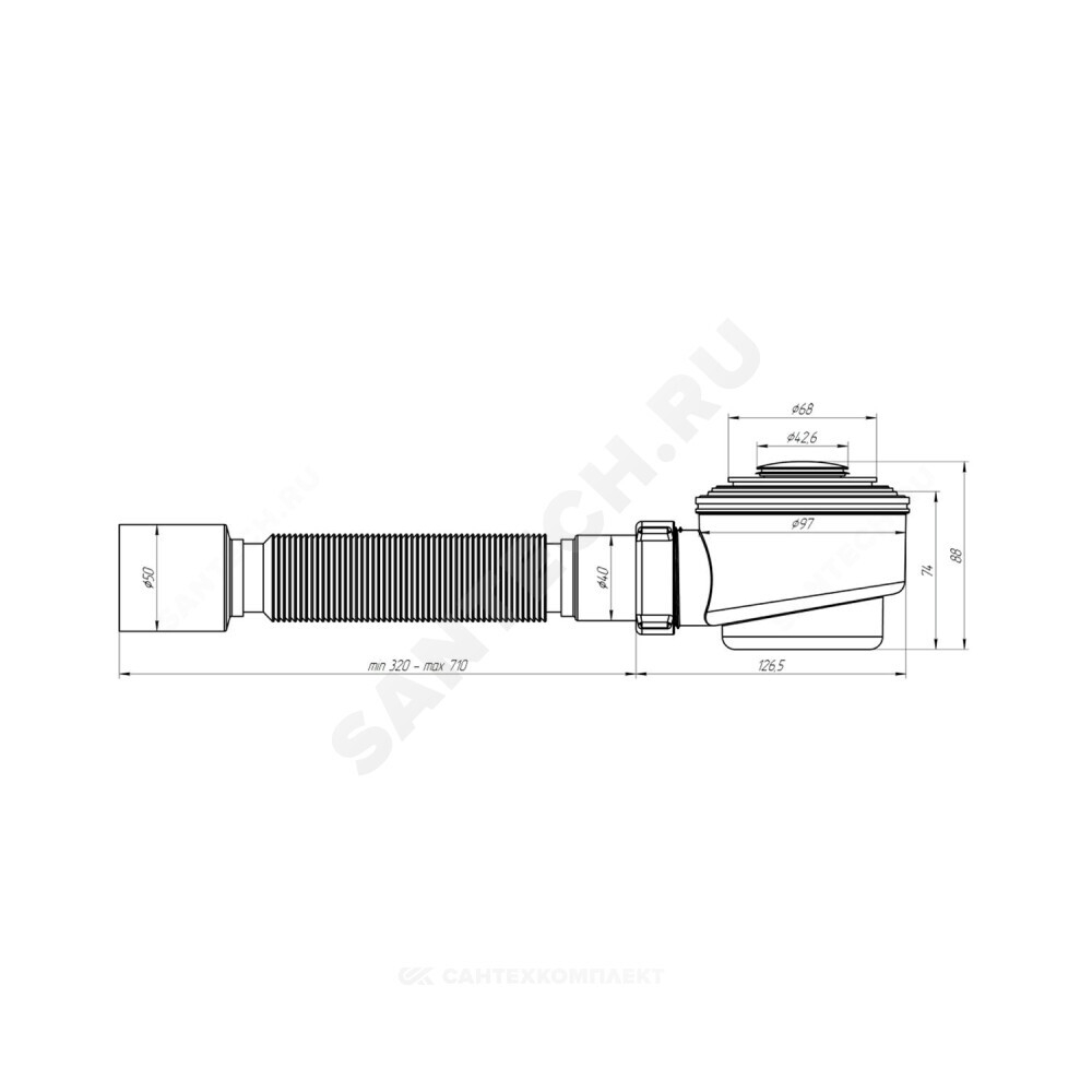 Сифон для поддона 1 1/2"x50/60/40 h=74мм с гофрой 40х50 слив клапан "клик-клак", пробка D=42,6мм хром АНИ Пласт E415CL