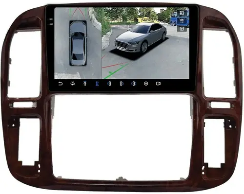 Магнитола для Toyota Land Cruiser 100, Lexus LX470 1998-2002 (кондиционер или климат внизу, рамка дерево) - FarCar BX9-360-9608F3 монитор 9.5" 2K QLED на Android 13, Быстрая, CarPlay, 4G SIM-слот, 4 камеры в комплекте