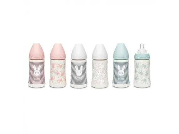Бутылочка Suavinex Hugge Baby с круглой силиконовой соской, 3 позиции, 270 мл Зеленая
