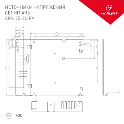 Блок питания ARS-75-24-FA (24V, 3.2A, 77W) (Arlight, IP20 Сетка, 3 года)