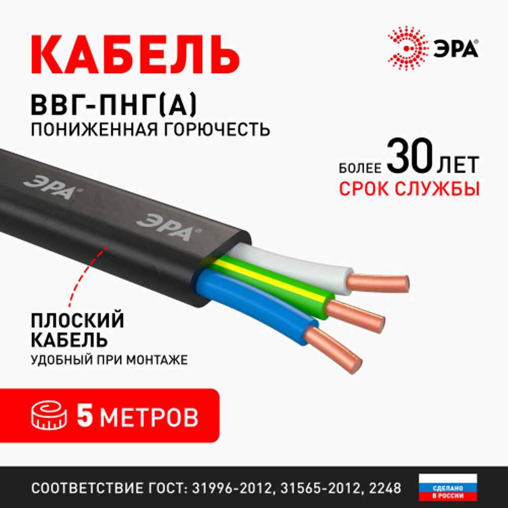 Кабель ЭРА ВВГ-Пнг(А) 3х2,5(N,PE) 5м | Электротовары