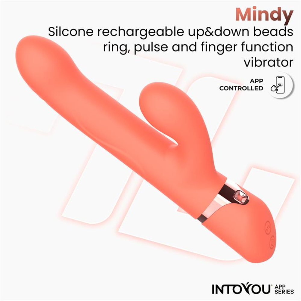 Коралловый вибратор-кролик с кольцом из бусин и имитацией фингеринга Mindy (Цвет: коралловый)