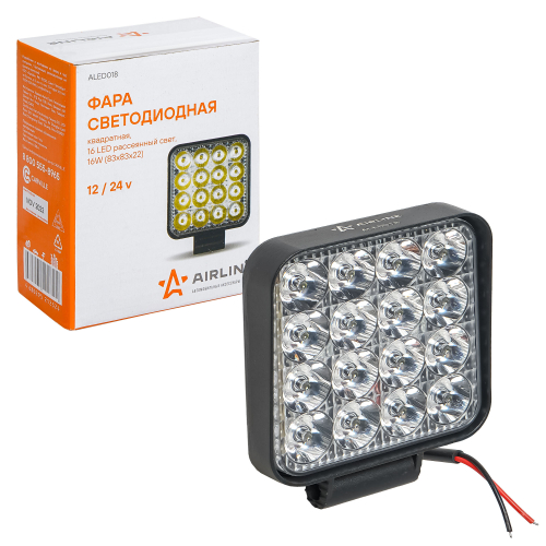 Фара светодиодная Airline квадратная 16 LED рассеяный свет 16W, (83х83х22) 12/24V