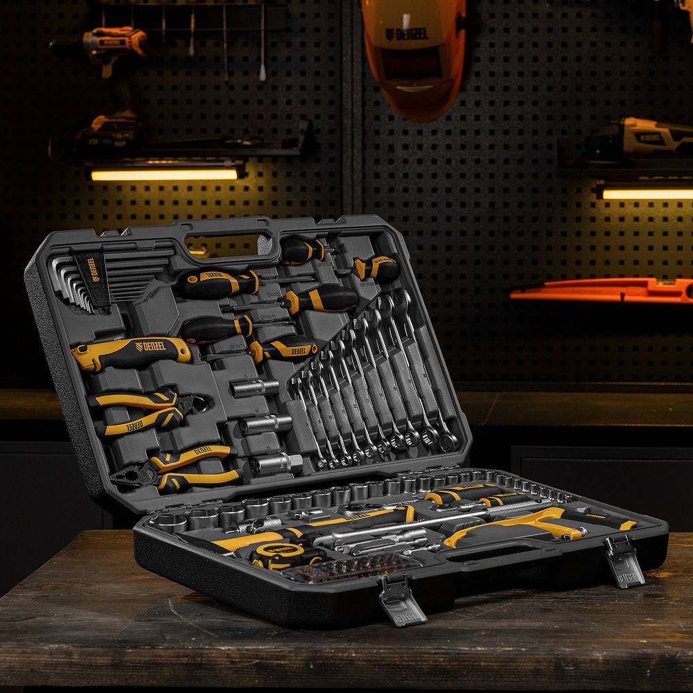 Набор инструментов, 1/2", 1/4", CrV, S2, пластиковый кейс, 100 предметов Denzel