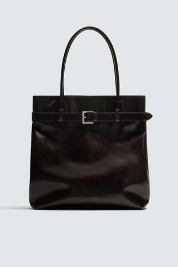 ZARA КОЖАНАЯ СУМКА-ШОПЕР С ДЕТАЛЬЮ В ВИДЕ РЕМНЯ, КОРИЧНЕВЫЙ