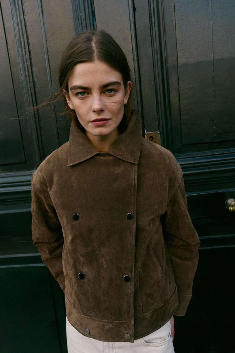 ZARA СТЕГАНАЯ КУРТКА ИЗ 100% КОЖИ С МЕХОВЫМ ВОРОТНИКОМ, ТЕМНО-КОРИЧНЕВЫЙ