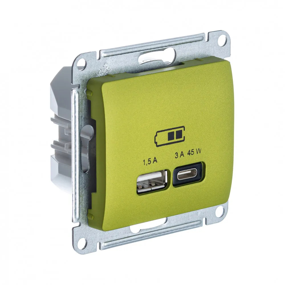GLOSSA USB РОЗЕТКА А + тип-С 45Вт высокоскор.заряд. QC, PD, мех., ФИСТАШКОВЫЙ