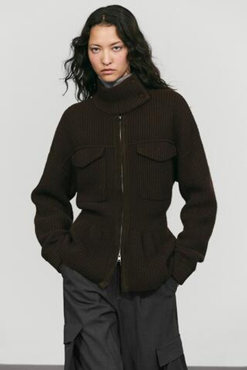 Massimo Dutti Кардиган из трикотажа, кожи и замши с карманами, коричневый