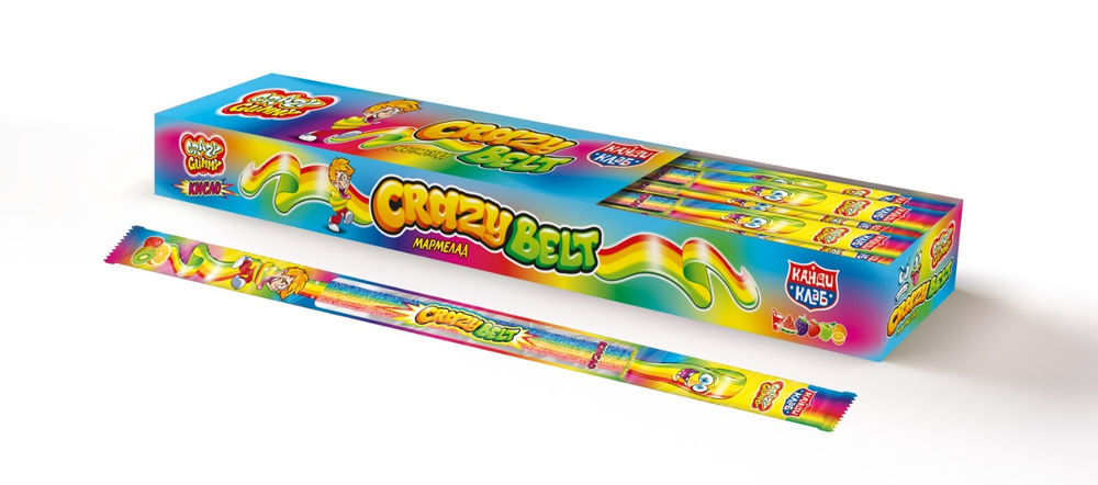 Мармелад в кислой обсыпке "CRAZY GUMMY CRAZY BELT" (кислый ремешок) тутти -фрутти 15гр*54шт*12 блоко