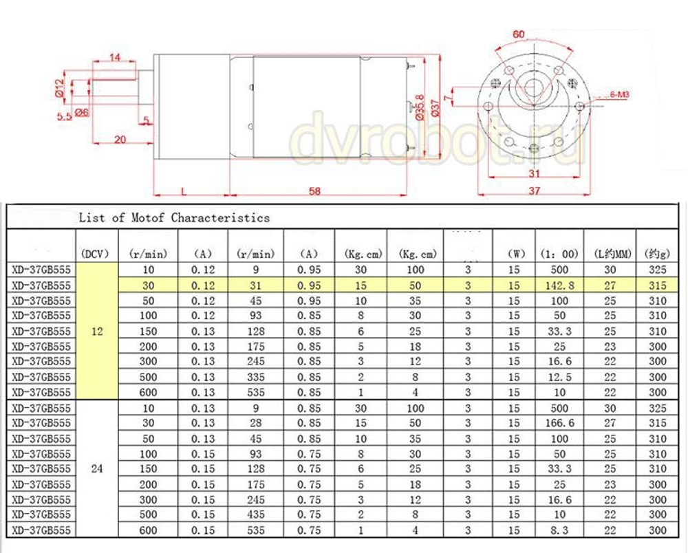 Мотор-редуктор GB37-555/12V/30