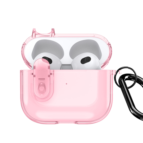 Прозрачный чехол розового цвета для наушников AirPods 3, серия PECL Series от Dux Ducis, в комплекте с карабином