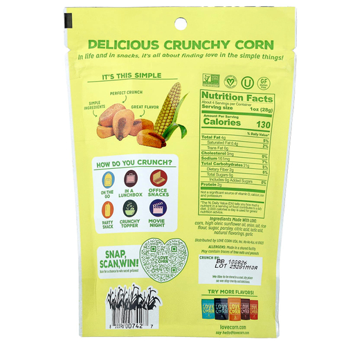 Love Corn, вкусная хрустящая кукуруза, сметана и лук, 115 г (4 унции)