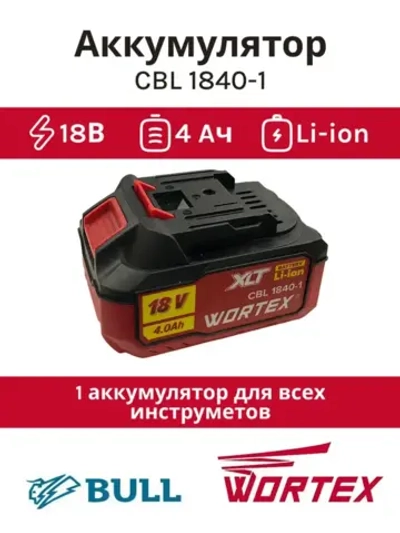 Аккумуляторная батарея слайдерного типа на базе высокотоковых элементов INR Li-Ion 18.0В 4.0Ач для строительного электроинструмента и садовой техники WORTEX 0329187 (CBL 1840-1, ONE FOR ALL, ALL, индикатор заряда, обрезиненный корпус)