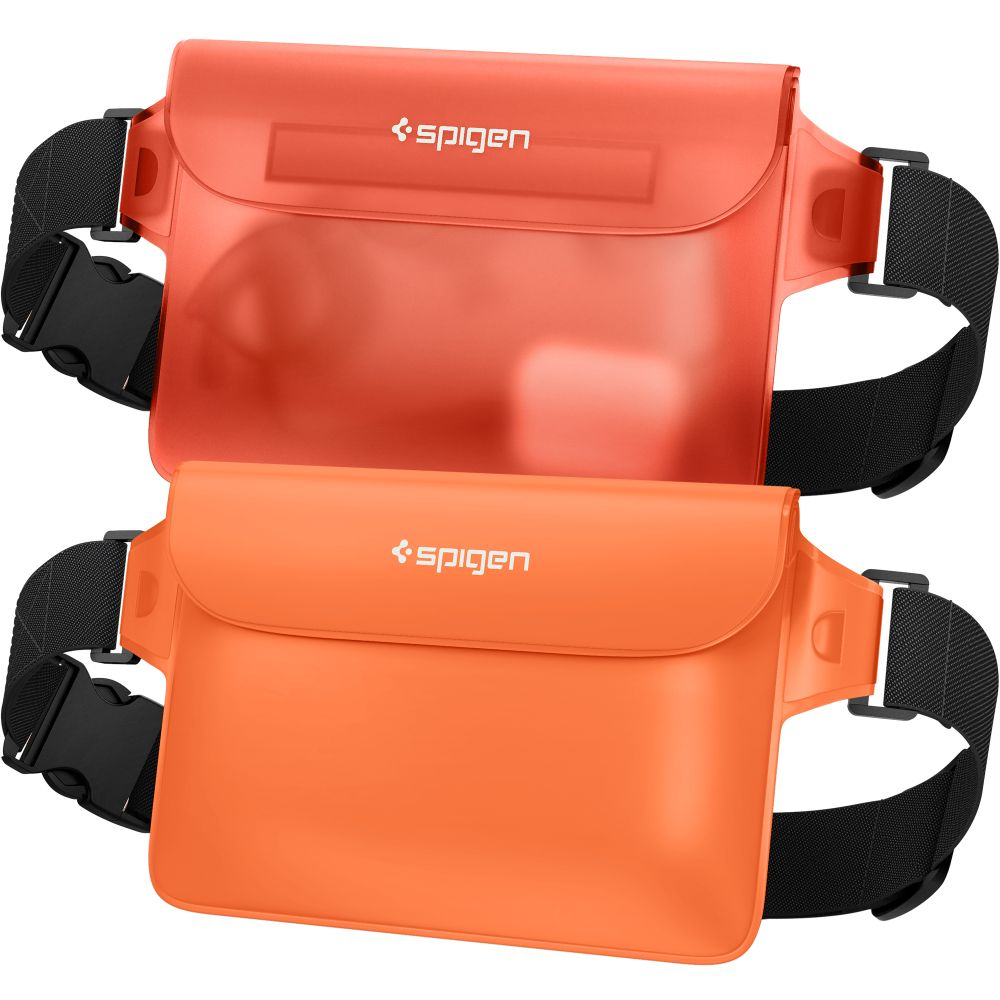 Защитная водонепроницаемая сумка Spigen A620 UNIVERSAL WATERPROOF WAIST BAG 2-PACK SUNSET ORANGE (водонепроницаемость и пыленепроницаемость IPX8; водонепроницаемость до 30 метров; размеры 22x15cm; тройная герметичная застежка)