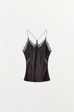 ZARA АТЛАСНЫЙ ЖАККАРДОВЫЙ ТОП С КРУЖЕВОМ, ТЕМНО-КОРИЧНЕВЫЙ