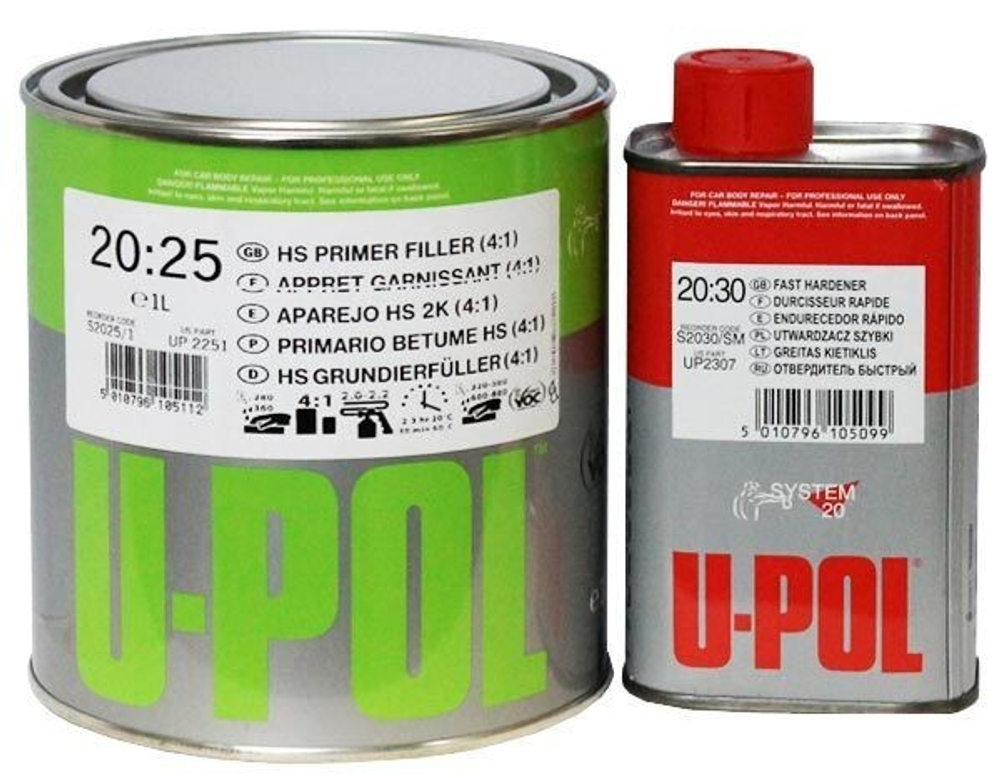 U-POL S2025 ГРУНТ НАПОЛНИТЕЛЬ 4:1 Серый 1л и S2032 ОТВЕРДИТЕЛЬ БЫСТРЫЙ 250мл (комплект)