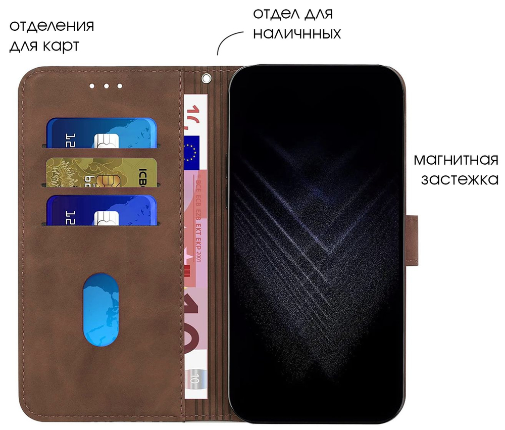 Кожаный чехол-книжка для REALME 9 PRO+ и 9 4G (3521) с отделом для наличных, 3 слотами для карт и подставкой