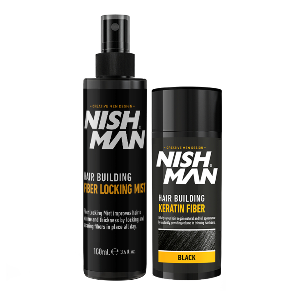 NISHMAN HAIR BUILDING KERATIN FIBER & LOCKING MIST SPRAY SET, BLACK - Загуститель для черных волос 2в1