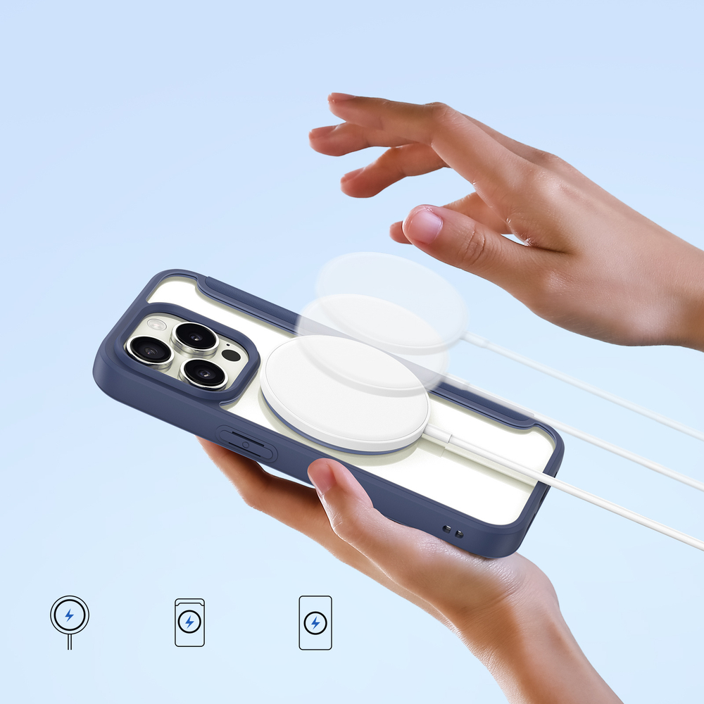 Прозрачный чехол книжка синего цвета с поддержкой MagSafe от Dux Ducis для iPhone 15 Pro, серия Skin X Pro Series Case